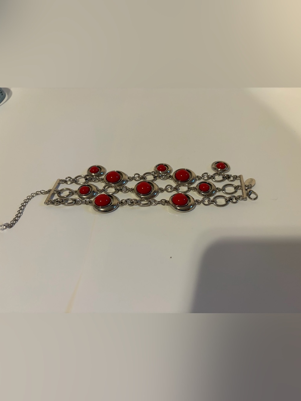 White House Black Market Silver-Link Bracelet with Red Cabochons